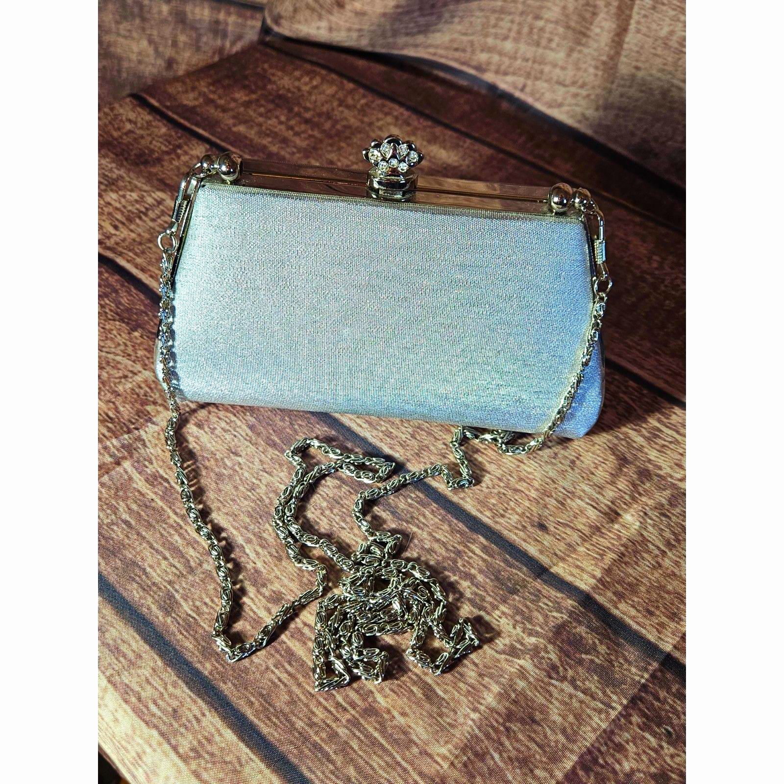 Metallic Silver Evening Clutch Ornate Rhinestone Encrusted Crown KissLock Clasp